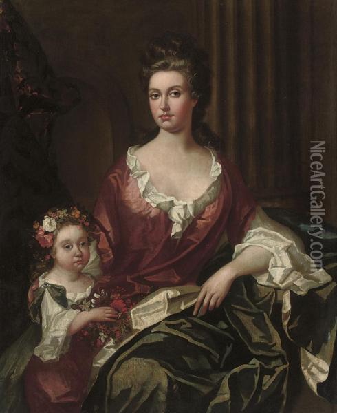 Portrait Of A Lady, Three-quarter-length, Seated, In A Rust Dress And Blue Wrap, With Her Daughter, In A Rust Dress And Green Wrap With Garlands Of Flowers In Her Hair And Right Hand Oil Painting - Charles d' Agar