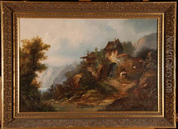 Continental Alpine Landscape Oil Painting - O. Fehrmann