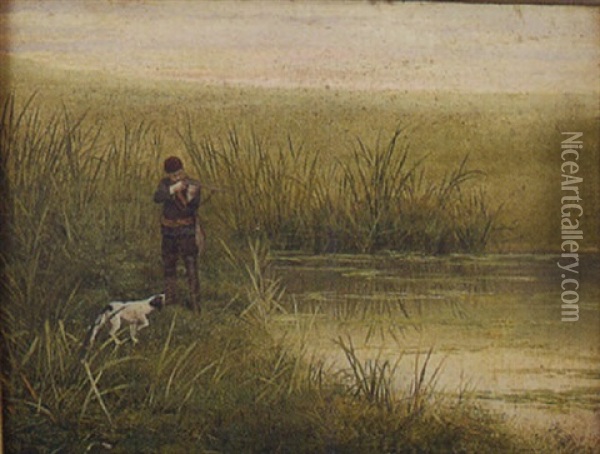 Landscape With A Hunter And His Dog Beside A Pond Oil Painting - Georges Croegaert