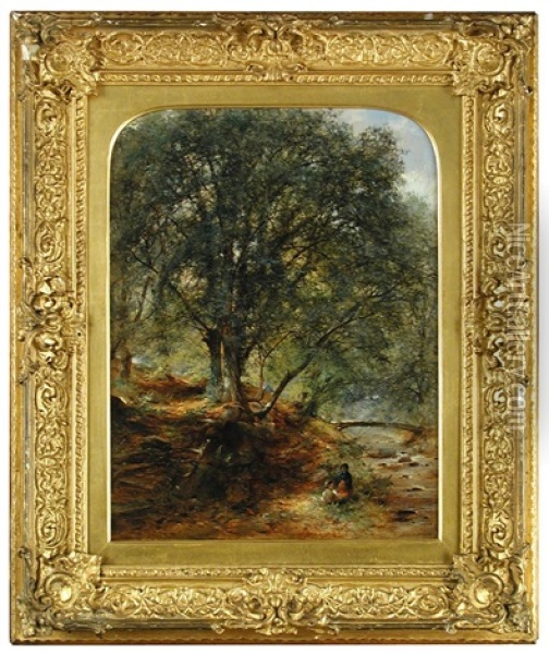 Two Children Picnicking By A Woodland Stream Oil Painting - William Gosling
