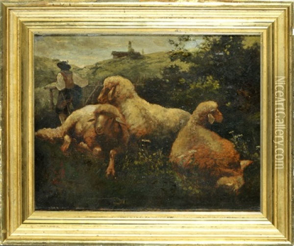 Drei Liegende Schafe Und Hirte Auf Almwiese Oil Painting - Johann Baptist Hofner