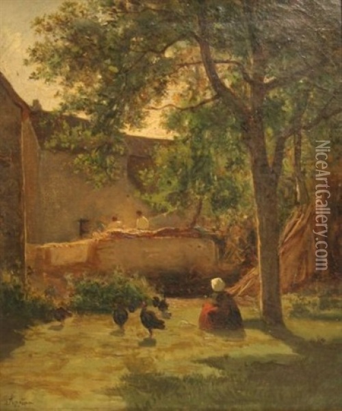 Jeune Fille Assise Sur L'herbe Dans Une Cour De Ferme Oil Painting - Adolphe Appian