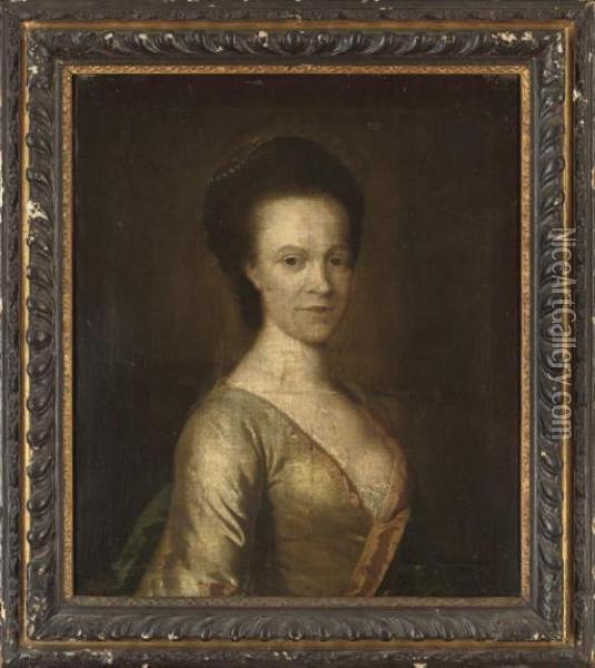 Portrait Of A Lady, Half-length,
 In An Oyster Satin Dress With Pink Trim And Pearls In Her Hair Oil Painting - Thomas Hudson