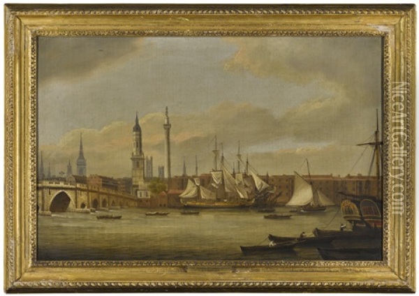 Shipping On The Thames Below Old London Bridge Oil Painting - William P. Sherlock