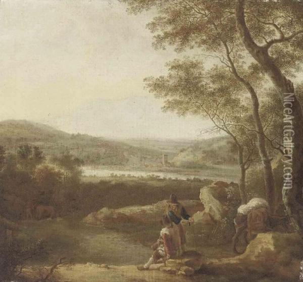 An Italianate Landscape With Travellers At Rest On A Track Oil Painting - Jan Both