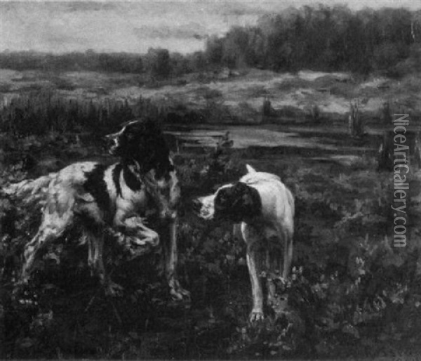 A Spaniel And Pointer In A Marshy Landscape Oil Painting - Percival Leonard Rosseau