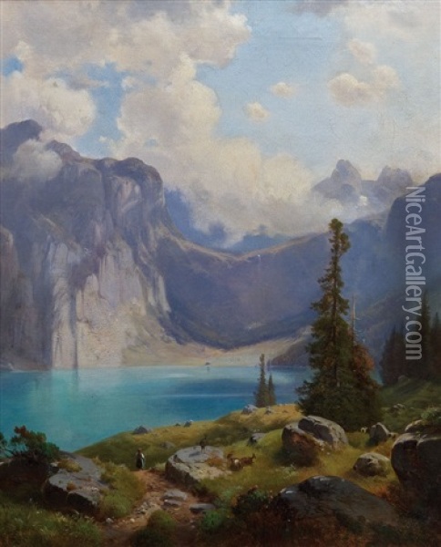 Atmospharische Darstellung Eines Alpensees Oil Painting - Anton Schiffer