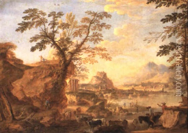 A Classical Landscape With Figures And Cattle Oil Painting - Hendrick Frans van Lint