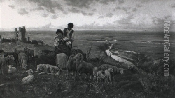 Sheep Herders, Campagna Plains Oil Painting - Pietro Barucci