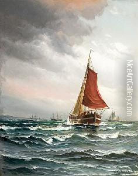 Ships In Stormy Weather. Signed Vilh. Bille Oil Painting - Vilhelm Bille