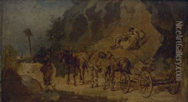 Pferdewagen In Einem Steinbruch (study) Oil Painting - Heinrich Buerkel