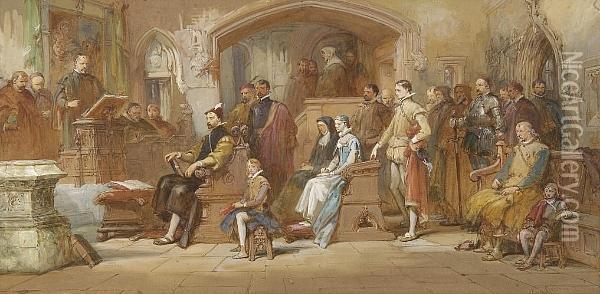 Figures Attending A Church Sermon Oil Painting - Charles Cattermole