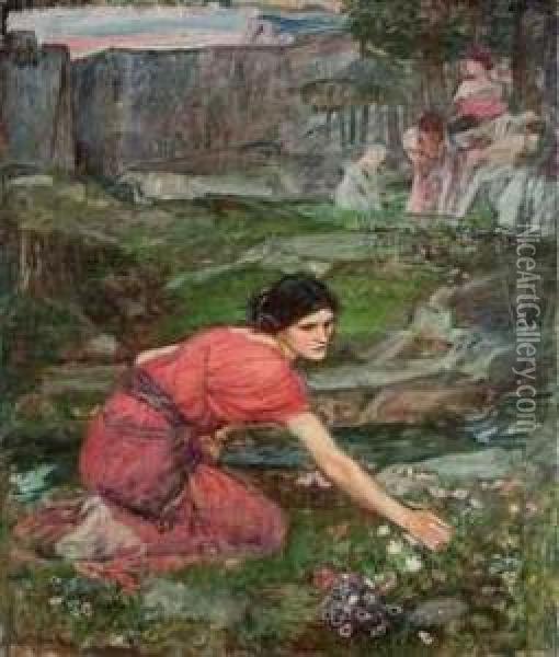Maidens Picking Flowers By A Stream Oil Painting - John William Waterhouse
