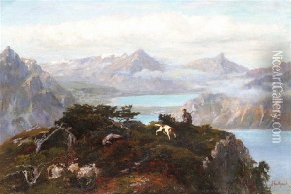 Blick Auf Thuner- Und Brienzersee Mit Jager Und Hund Im Vordergrund Oil Painting - Alfred Henri Berthoud