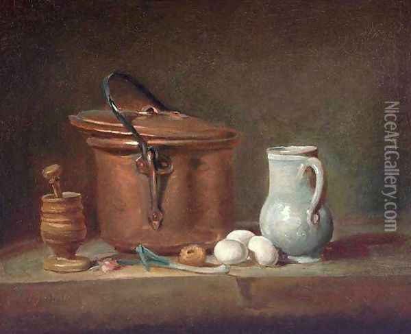 Still Life With Copper Pan And Pestle And Mortar Oil Painting - Jean-Baptiste-Simeon Chardin