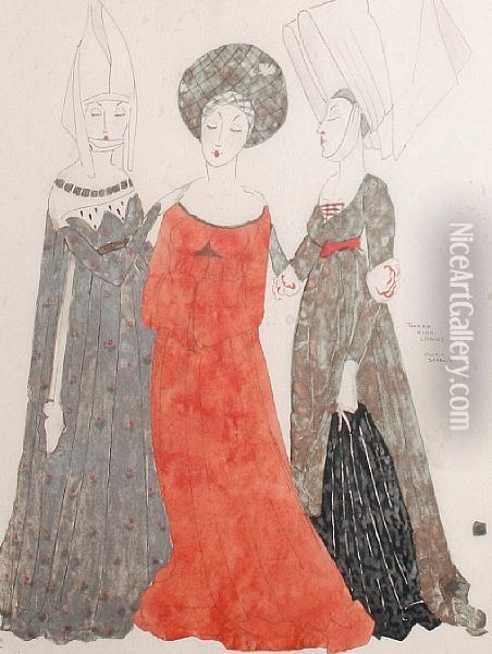 A Set Of Four Costume Designs - Amiens As Hymen Oil Painting - Claud Lovat Fraser