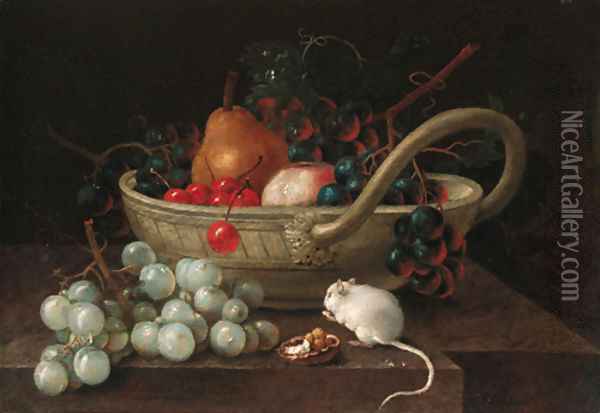 Grapes, pears and other fruit in a bowl, with a mouse eating a hazlenut on a ledge and Oil Painting - Johann Amandus Wink