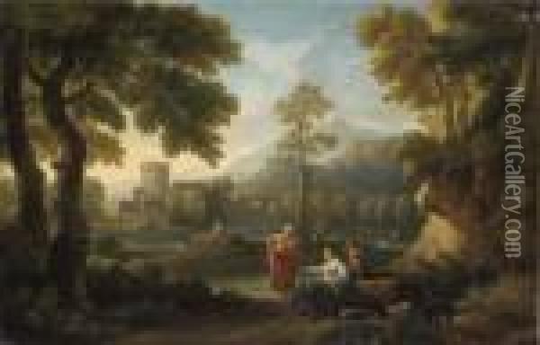 A Pastoral Landscape With 
Figures Resting; And A Landscape Withfigures And Classical Ruins Beyond Oil Painting - Gaspard Dughet Poussin