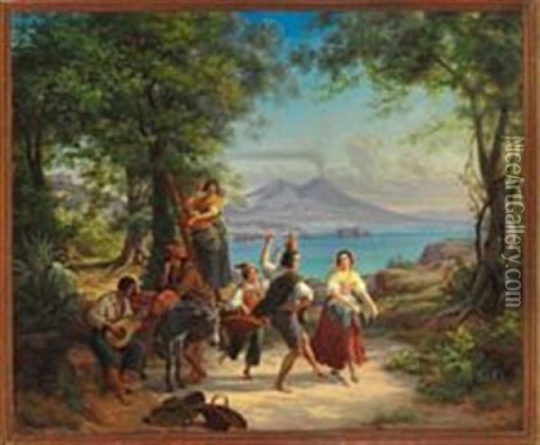Italian Orange Pickers, Dancing And Playing Music At The Bay Of Naples Oil Painting - Frederik Ludwig Storch