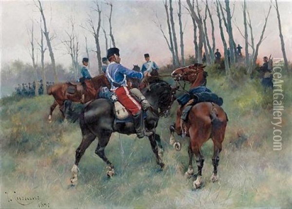 Soldados A Caballo (soldiers On Horseback) Oil Painting - Josep (Jose) Cusachs y Cusachs