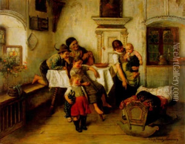 Interieur Mit Grossmutter Und Kindern Oil Painting - Adolf Eberle