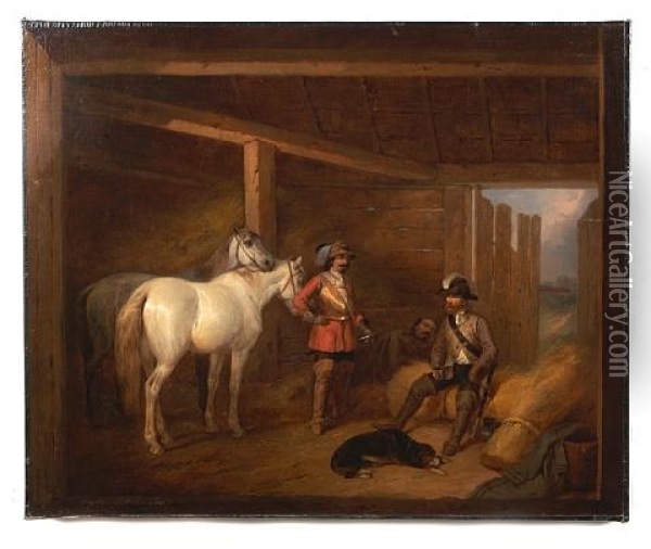 Soldiers And Horses In A Stable Oil Painting - Josef Brodowski the Younger