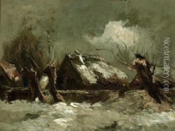 A Winter Landscape With Willows And A Farm Oil Painting - Arnold Vrijthoff