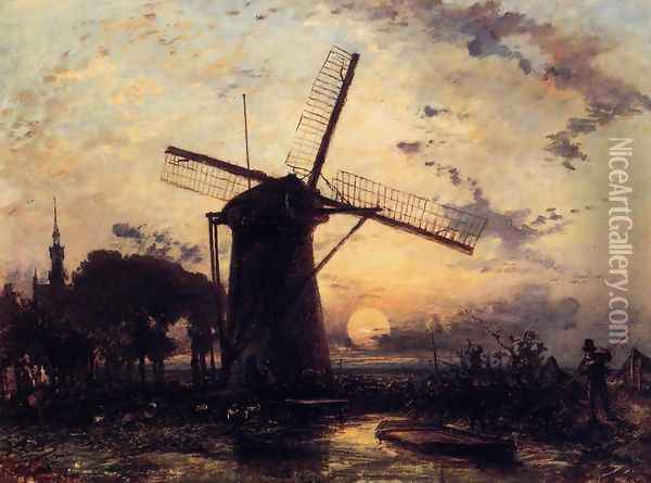 Boatman By A Windmill At Sundown Oil Painting - Johan Barthold Jongkind