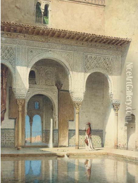 A Courtyard In The Alhambra Palace, Granada Oil Painting - Adolf Seel