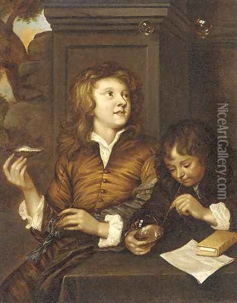 Two boys blowing bubbles from oyster shells Oil Painting - Arnold Boonen