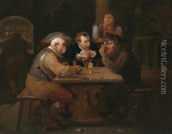 Dunkle Geschafte Im Wirtshaus Oil Painting - Edmund Harburger