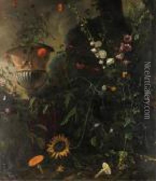 Hollyhocks, Roses, A Blue-lace 
Flower, A Sunflower And Toadstools,with Marigolds In An Urn By A Tree Oil Painting - Mathias Withoos