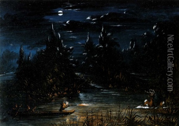 Deer Hunting By Moonlight (no.553) Oil Painting - George Catlin