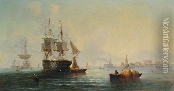 Warship At Twilight; Warships At Sea Oil Painting - William Calcott Knell