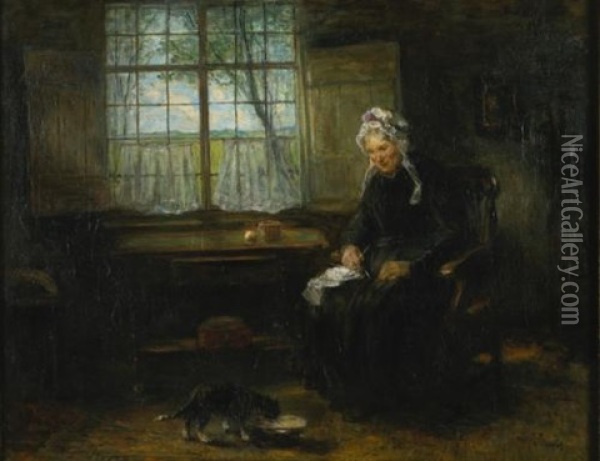 Knitting By The Window Oil Painting - Jozef Israels