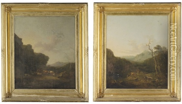 A Landscape With Cattle In Pasture (+ A Landscape With Cattle In A Gorge; Pair) Oil Painting - Daniel Williamson