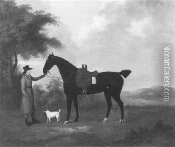 A Black Hunter With Groom And Terrier In A Landscape Oil Painting - John Nost Sartorius