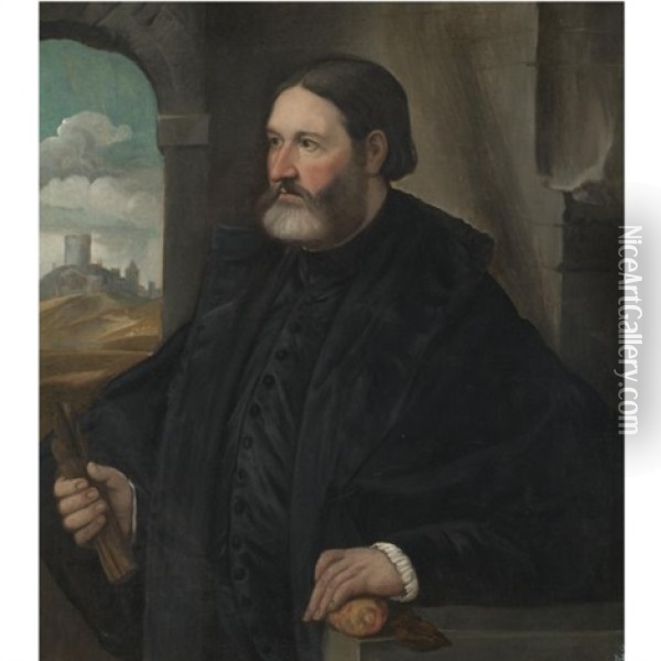 Portrait Of A Bearded Gentleman, Wearing A Black Shirt And Cape, Holding Gloves In His Right Hand And A Lemon In His Left, A Landscape Beyond Oil Painting - Giovanni Cariani