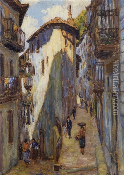 Rue Animee Au Pays Basque Oil Painting - Louis Floutier