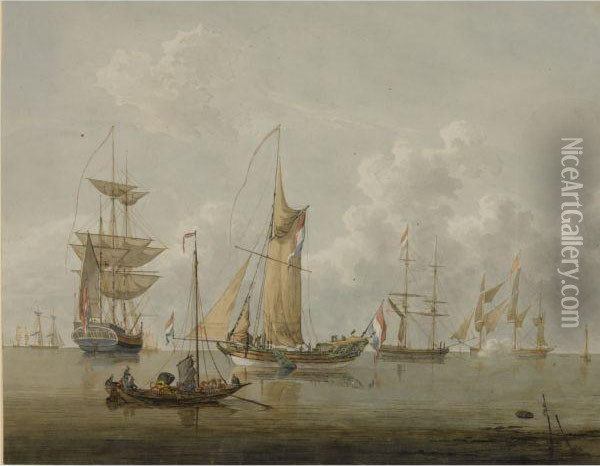 Sailing Vessels In A Calm Oil Painting - Martinus Schouman