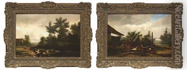 Huhner Tummeln Sich Auf Einem Heuhaufen (+ Huhner Suchen Korner Auf Einem Weg; Pair) Oil Painting - Jean-Baptiste Leopold van Leemputten
