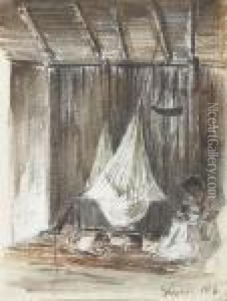 The Interior Of A Hut With A 
Hammock And An Indian Mother With Hertwo Children, Galipan (recto); Palm
 Trees (verso) Oil Painting - Camille Pissarro