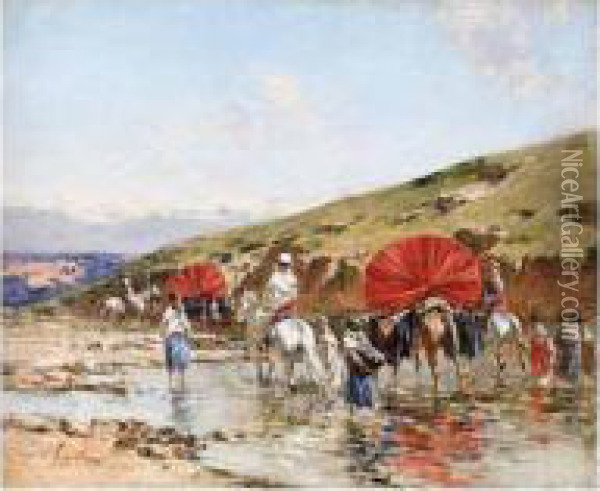 A Caravan Crossing A Stream Oil Painting - Victor Pierre Huguet