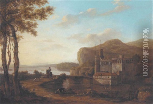 A River Landscape With A Horseman And Dogs Crossing A Bridge, A Castle Beyond Oil Painting - Frederick De Moucheron