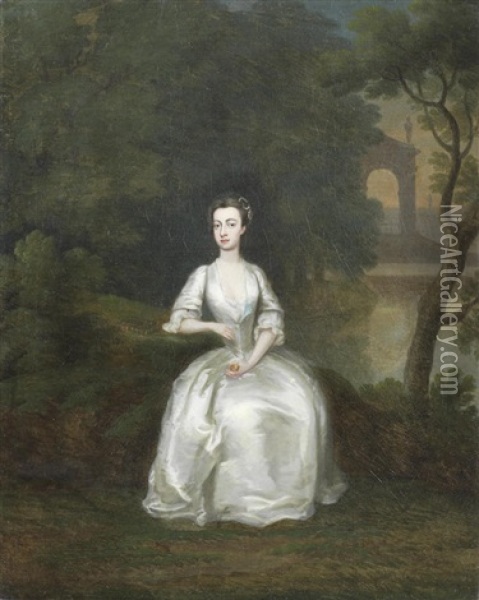 Portrait Of A Lady, Full-length, In A White Dress In A Landscape Oil Painting - Charles Philips