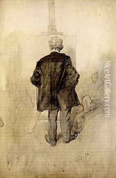 A Standing Man, Seen from Behind, Looking at a Painting on an Easel Oil Painting - Giovanni Boldini