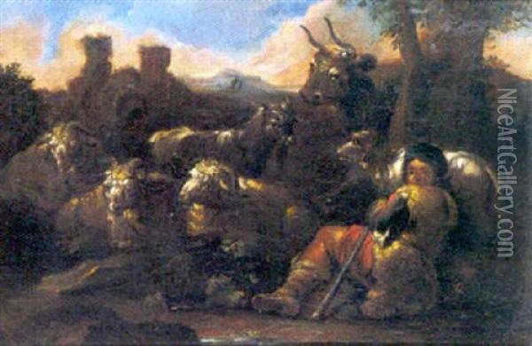 Berger Et Son Troupeau Oil Painting - Johann Heinrich Roos