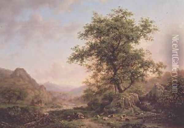 Wooded landscape with peasants and animals on path Oil Painting - Frederick Marianus Kruseman