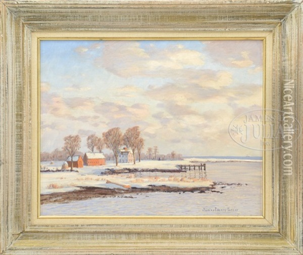 Winter Coastline With Colonial Homestead Oil Painting - James Emery Greer