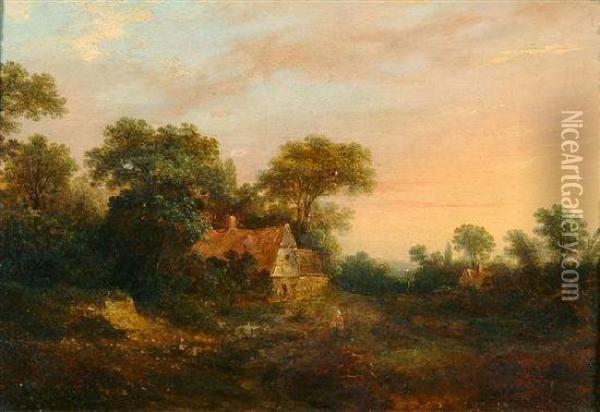 A Figure On A Pathway By A Country Cottage At Dusk Oil Painting - Joseph Thors